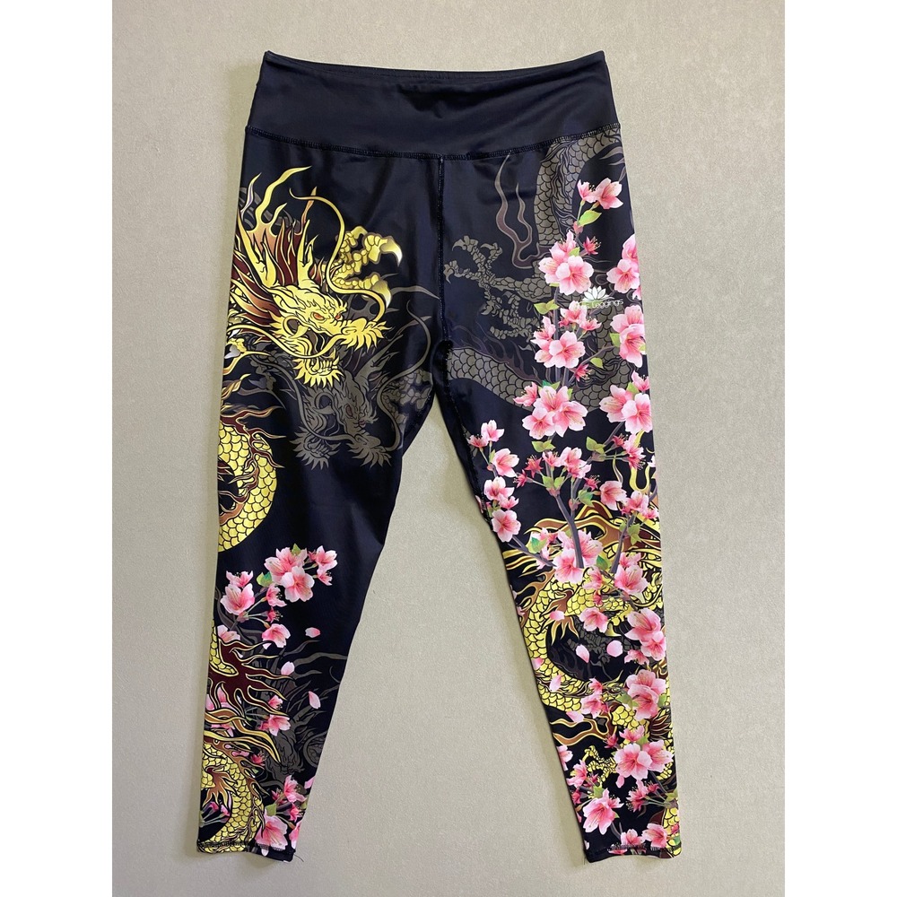 Lotus Leggings Womens Black Dragon Cherry Blossom Graphic Print Yoga Pants XL